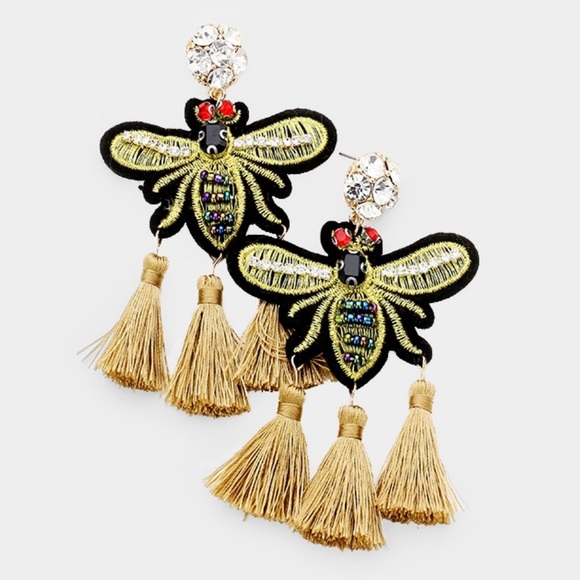 Honey Bee Crystal Embellished Gold Tassel Earrings - Picture 2 of 2
